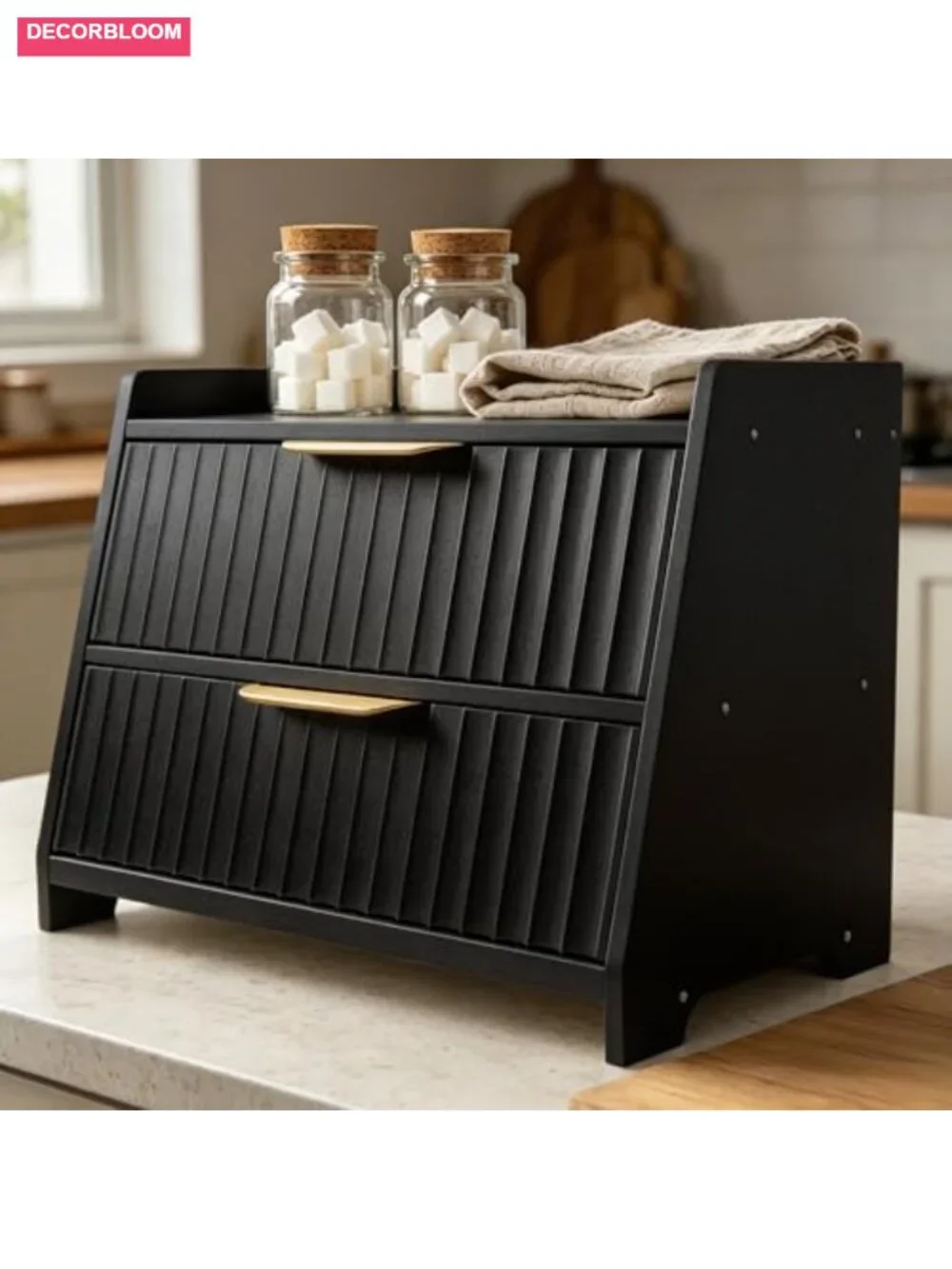 Large Double Layer Wooden Bread Box Storage with Top Shelf Countertop Organizer